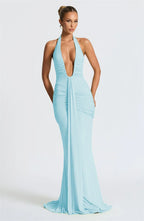 Solid Color Elegant Halterneck V-neck Open Back Tie Gathered Maxi Dress