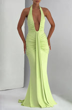 Solid Color Elegant Halterneck V-neck Open Back Tie Gathered Maxi Dress