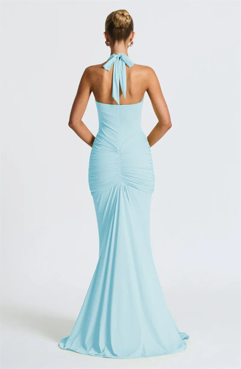 Solid Color Elegant Halterneck V-neck Open Back Tie Gathered Maxi Dress