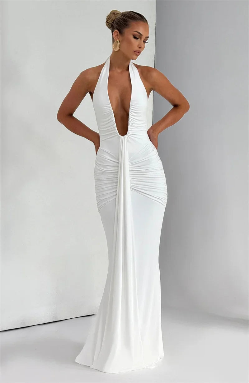 Solid Color Elegant Halterneck V-neck Open Back Tie Gathered Maxi Dress