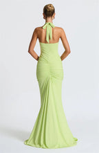 Solid Color Elegant Halterneck V-neck Open Back Tie Gathered Maxi Dress