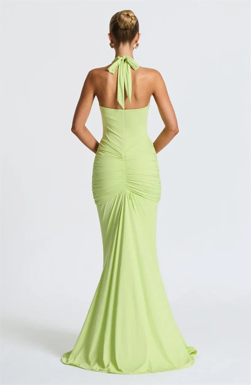Solid Color Elegant Halterneck V-neck Open Back Tie Gathered Maxi Dress