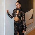 Dark Night Charm Sheer Lace Cutout Long Sleeve Stretch Maxi Dress