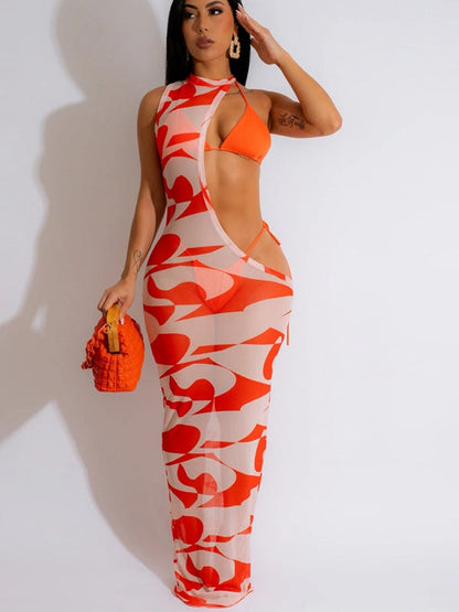 Leopard Print Sheer Mesh 3 Pieces Bikini Set