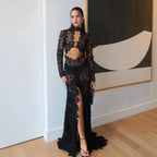 Dark Night Charm Sheer Lace Cutout Long Sleeve Stretch Maxi Dress