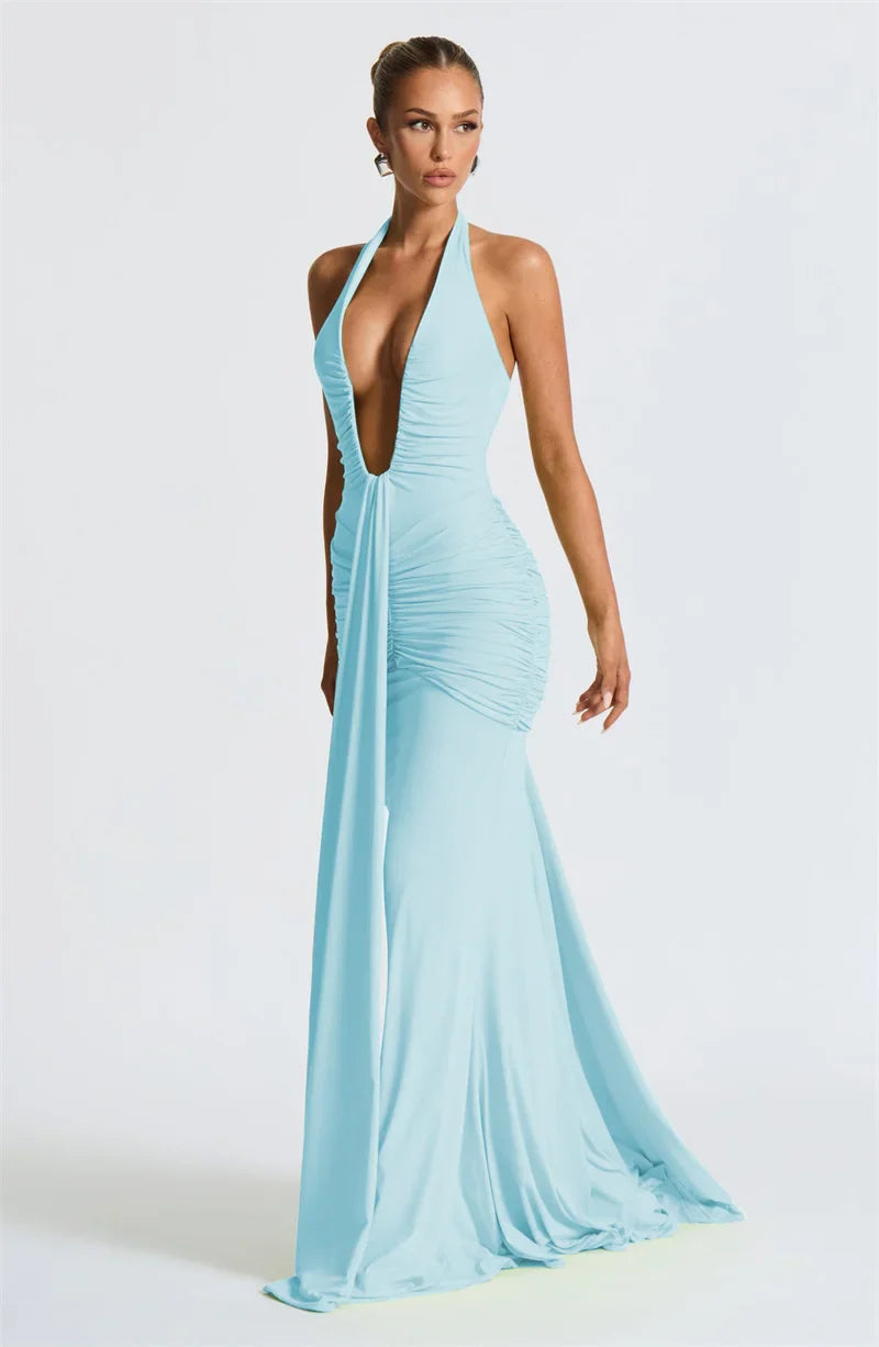 Solid Color Elegant Halterneck V-neck Open Back Tie Gathered Maxi Dress