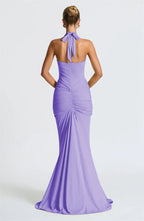 Solid Color Elegant Halterneck V-neck Open Back Tie Gathered Maxi Dress