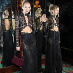 Dark Night Charm Sheer Lace Cutout Long Sleeve Stretch Maxi Dress
