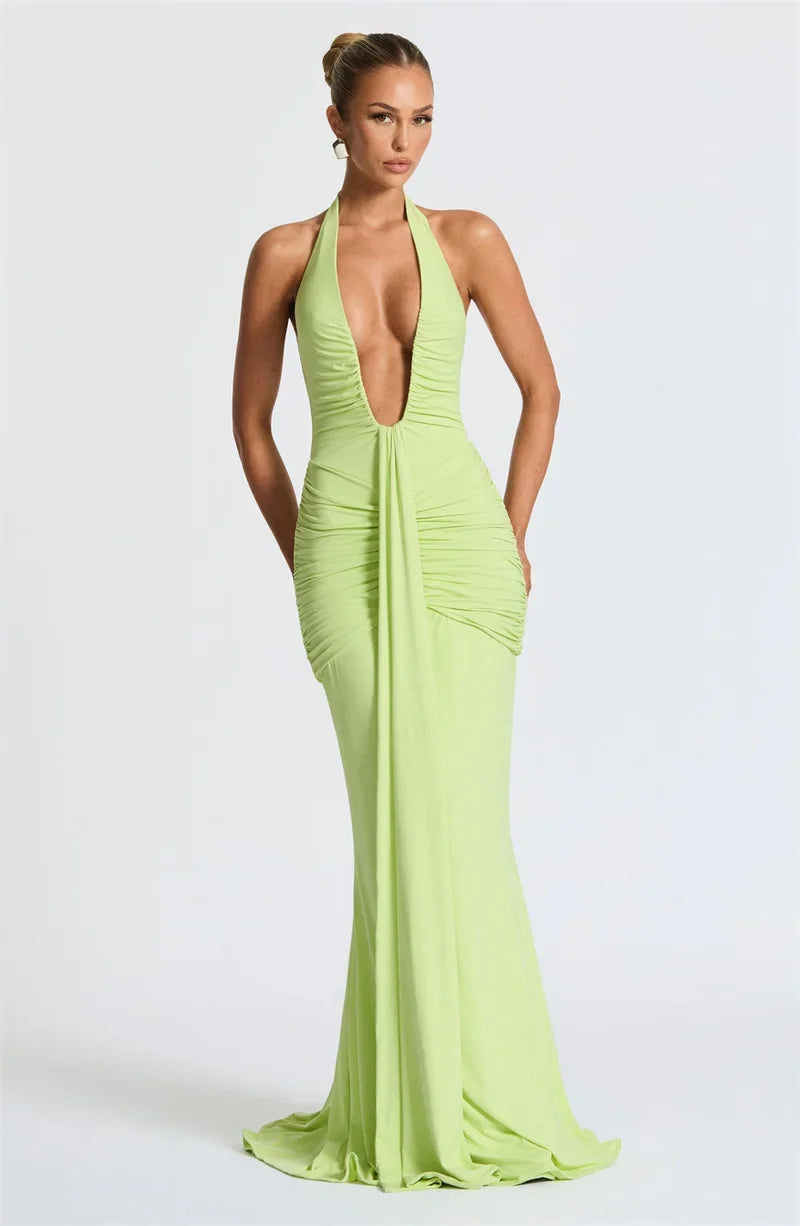 Solid Color Elegant Halterneck V-neck Open Back Tie Gathered Maxi Dress