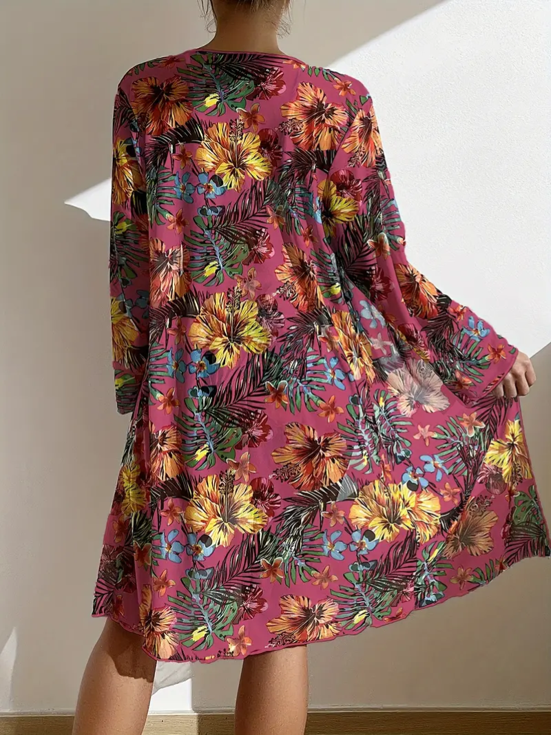 3-Piece Swimsuit Set with Tropical Floral Print and Tummy Control