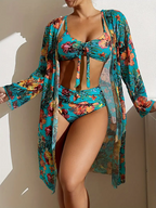 3-Piece Swimsuit Set with Tropical Floral Print and Tummy Control