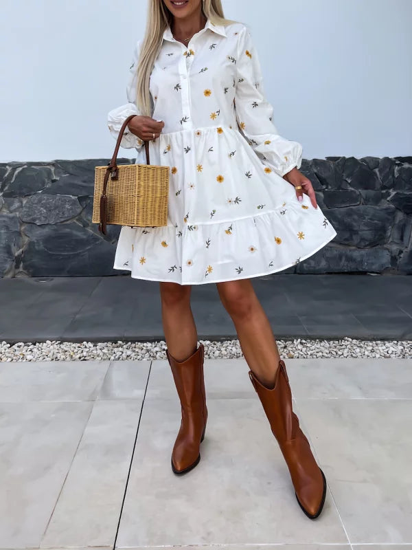 Rosa - White Shirt Dress with Daisy Floral Design