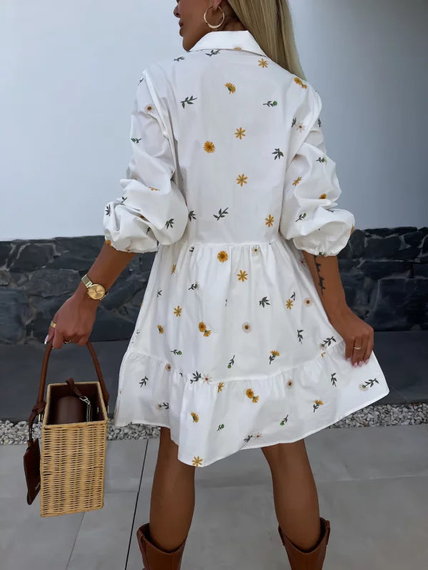 Rosa - White Shirt Dress with Daisy Floral Design