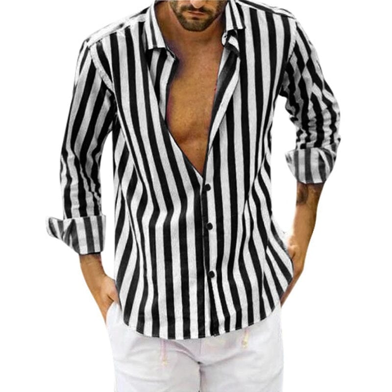Camisa de botones a rayas de lino y algodón con lentejuelas de verano para hombre.
