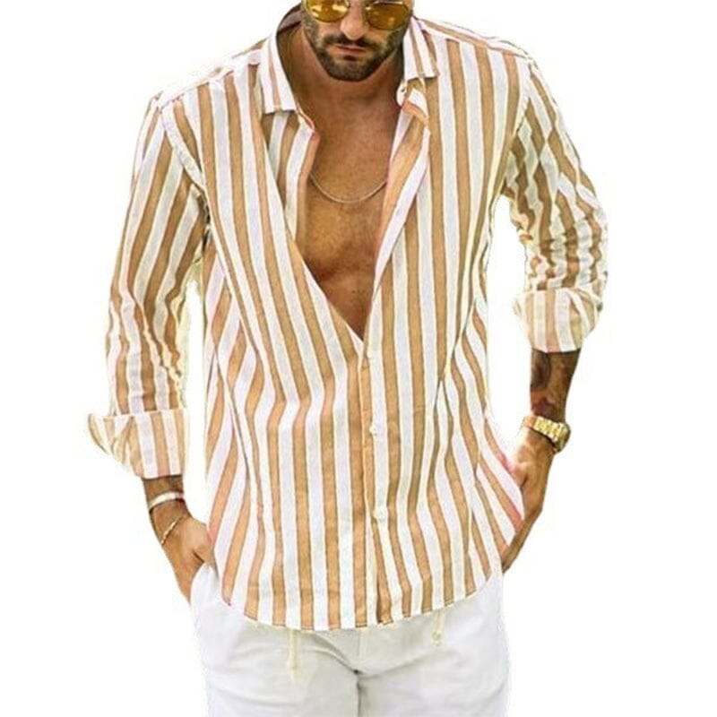 Camisa de botones a rayas de lino y algodón con lentejuelas de verano para hombre.