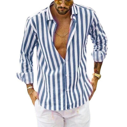 Camisa de botones a rayas de lino y algodón con lentejuelas de verano para hombre.
