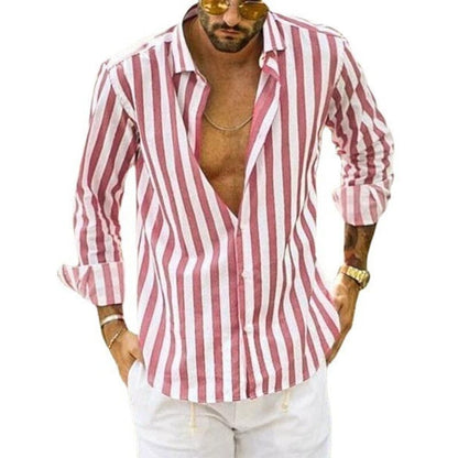 Camisa de botones a rayas de lino y algodón con lentejuelas de verano para hombre.
